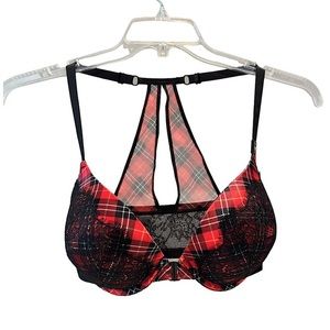 Victoria's Secret Red Plaid and Black Lace Bra